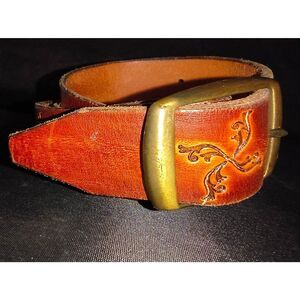 Custom-made Artisian leather belt dark brown decorative tooled designs brass riv